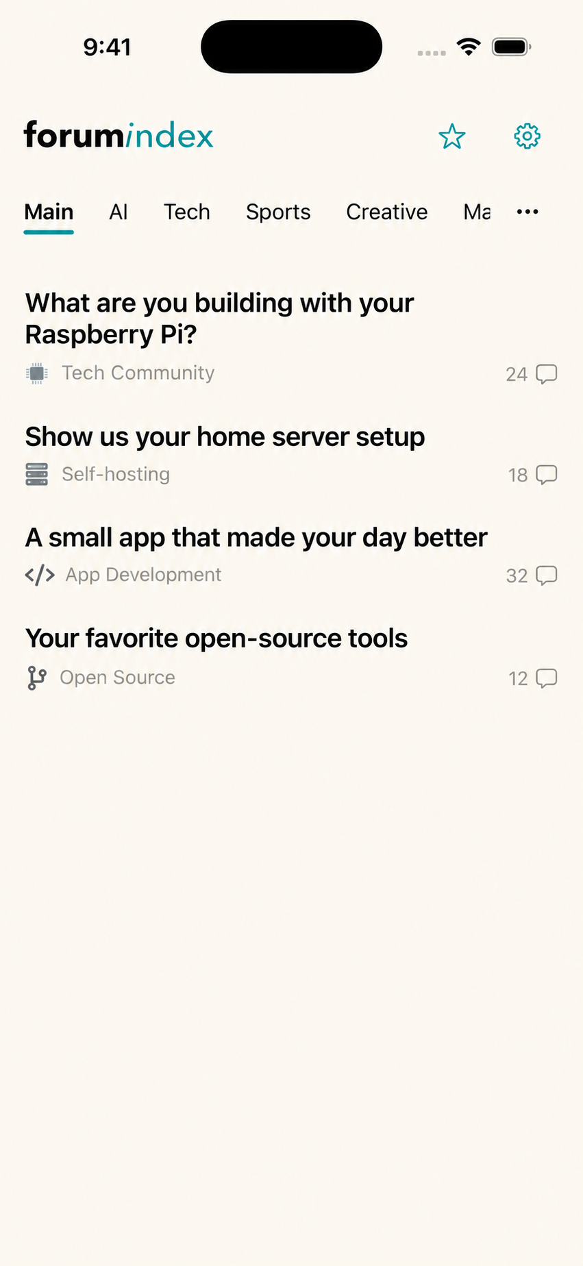 Forum Index app preview with an example discussion about Raspberry Pi projects